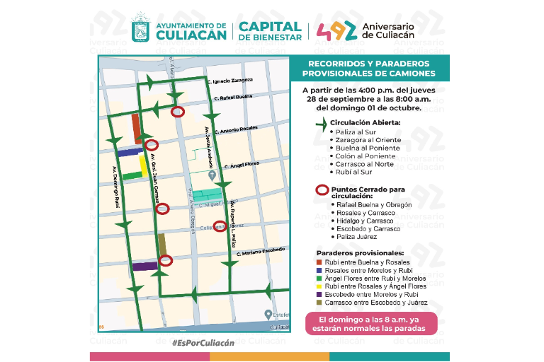 Anuncian cierre de la Álvaro Obregón y cambios de rutas por festejos del 492 Aniversario de Culiacán