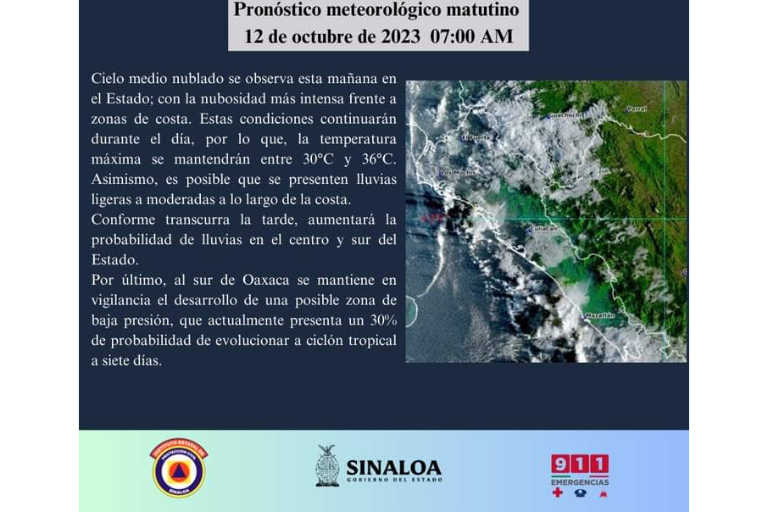 Prevén un jueves nublado y con probabilidad de lluvias para Sinaloa