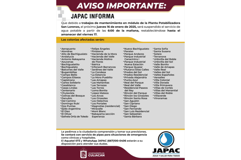 Anuncia Japac corte para la zona sur de Culiacán para el día jueves; se restablecerá el viernes por la mañana