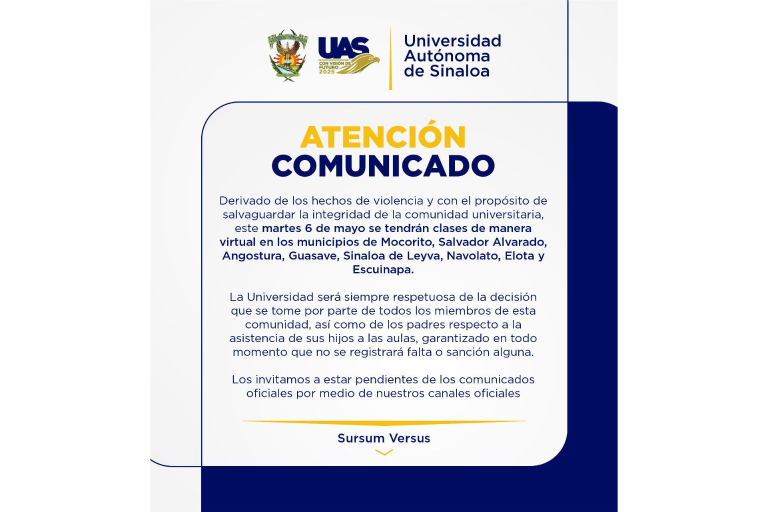 Suspende UAS clases presenciales en ocho municipios por jornada de violencia
