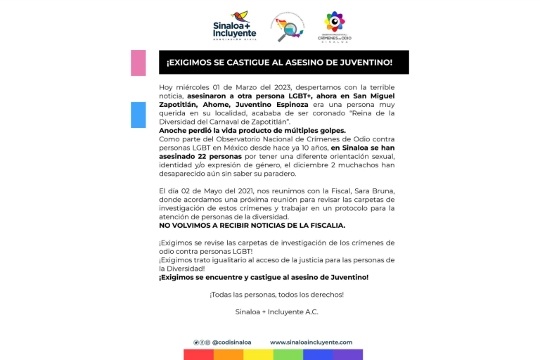 Exige Sinaloa Incluyente castigo al asesino de Juventino