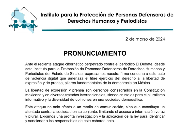 Denuncia Instituto de Protección a Periodistas reciente ataque cibernético a El Debate