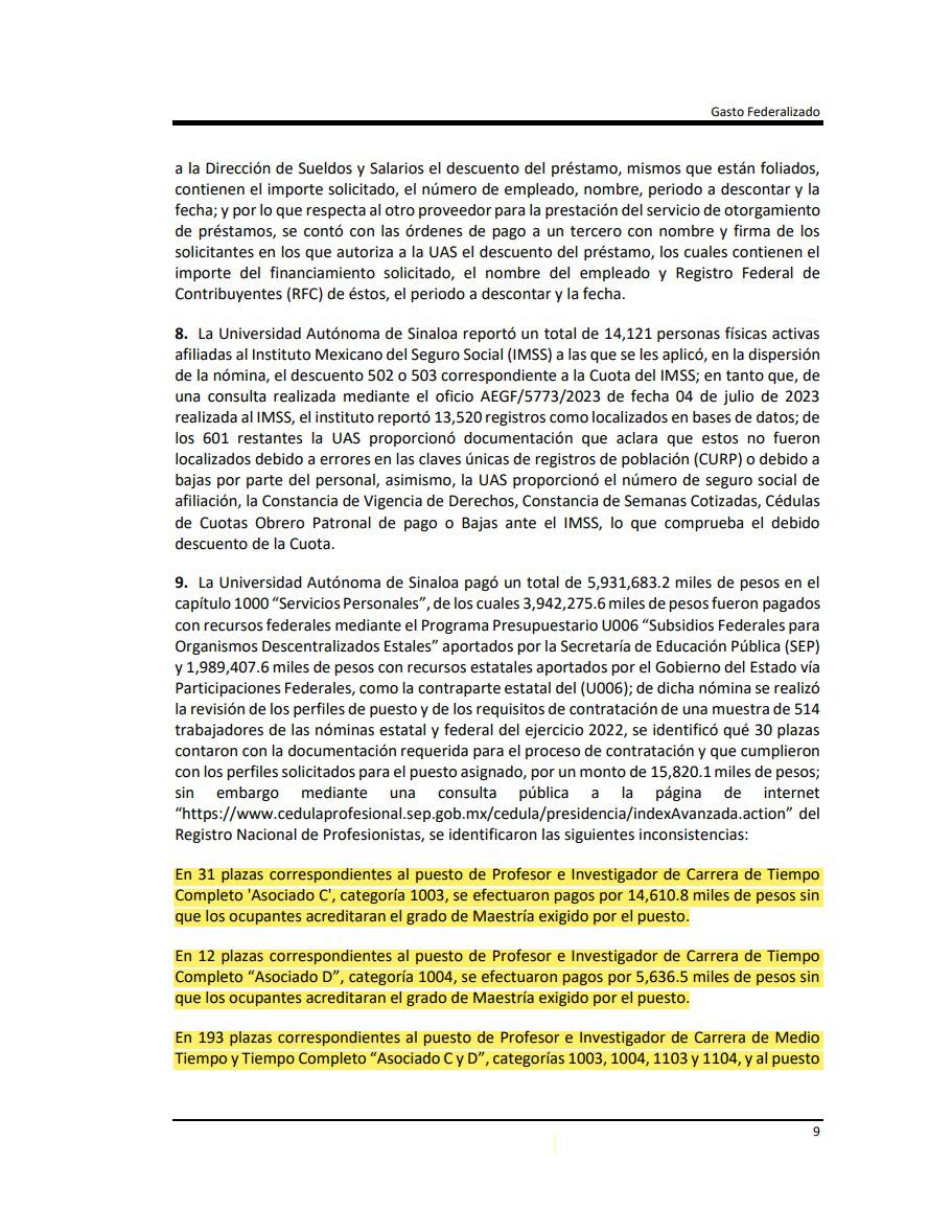 $!En 2022, UAS pagó $91 millones a personal sin el perfil requerido; Auditoría federal pide aclaración