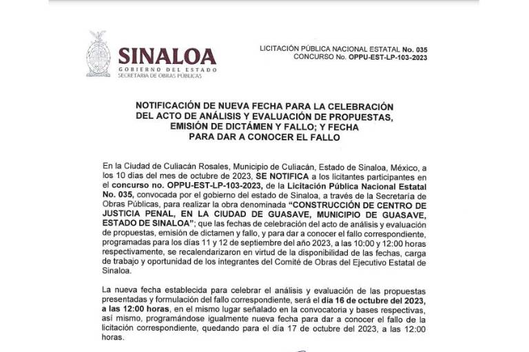 Obras Públicas retrasa resultado de licitación de Centro de Justicia para Mujeres de Guasave