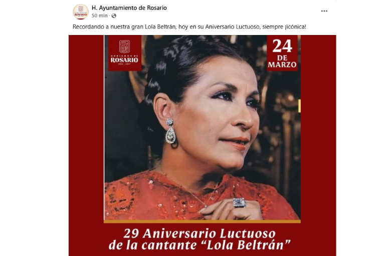 Se cumplen 29 años del fallecimiento de Lola Beltrán, pero Ayuntamiento lo celebra solo con una publicación en redes