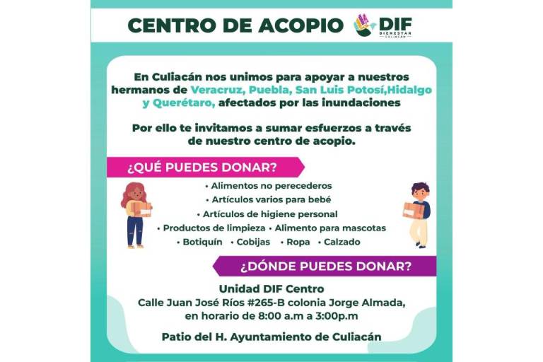 Instala DIF Culiacán centros de acopio para familias afectadas por inundaciones en el País