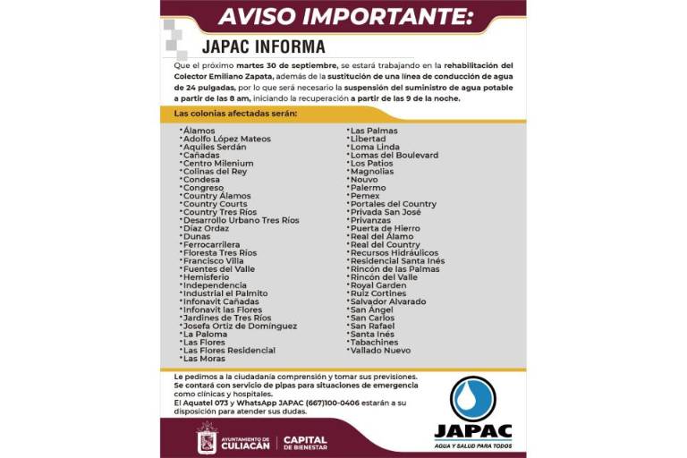 Suspenderán suministro de agua en 57 colonias de Culiacán por obras de Japac