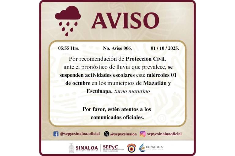 Debido a las lluvias, suspenden clases en Mazatlán y Escuinapa en turno matutino