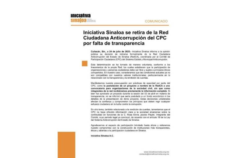 Deja Iniciativa Sinaloa la Red Ciudadana Anticorrupción por opacidad en el Comité de Participación Ciudadana
