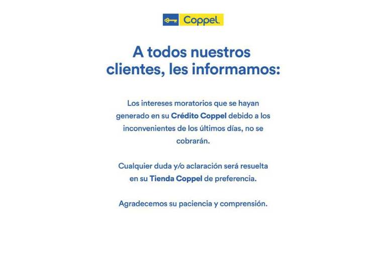 Anuncia Coppel que condonarán intereses moratorios por falla en sistema
