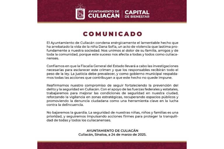 Ayuntamiento de Culiacán se suma a condena por asesinato de niña de 12 años