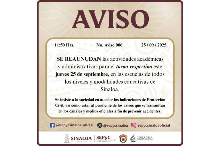 Se reanudan clases y actividades administrativas en el turno vespertino en Sinaloa