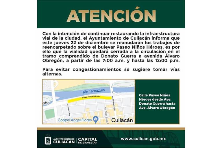 Tramo del malecón en Culiacán estará cerrado este jueves