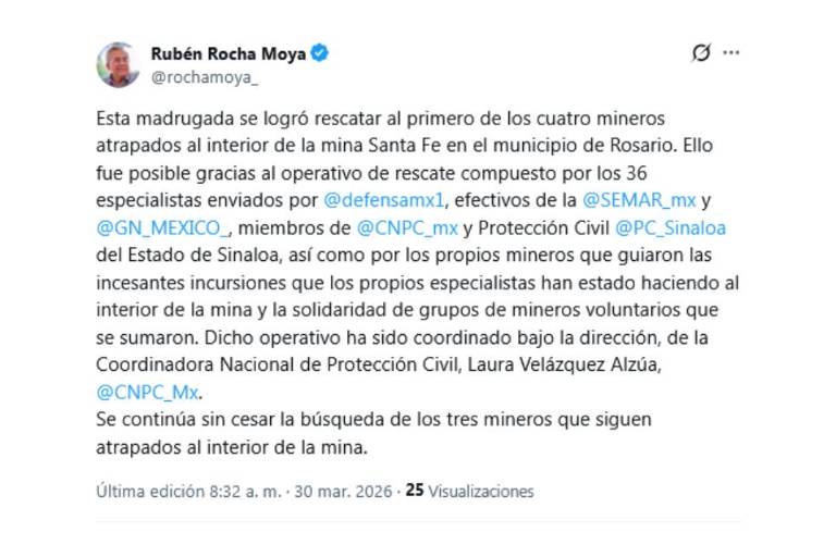 Mensaje del Gobernador Rubén Rocha Moya tras el rescate de un trabajador minero en Rosario.