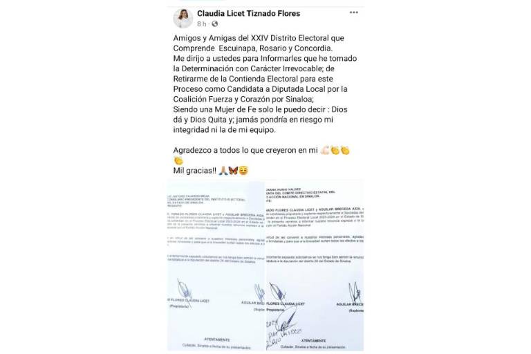 Claudia Tiznado Flores se baja de la contienda por la Diputación local en el sur de Sinaloa