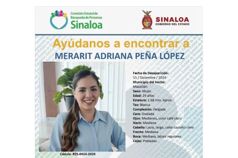 Familiares buscan a Merarit Adriana Peña López, desaparecida en Mazatlán el 15 de diciembre