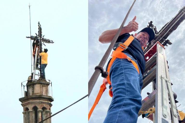 Alonso, Ignacio y Willy renuevan iluminación de la cruz en el Santuario de Nuestra Señora del Rosario