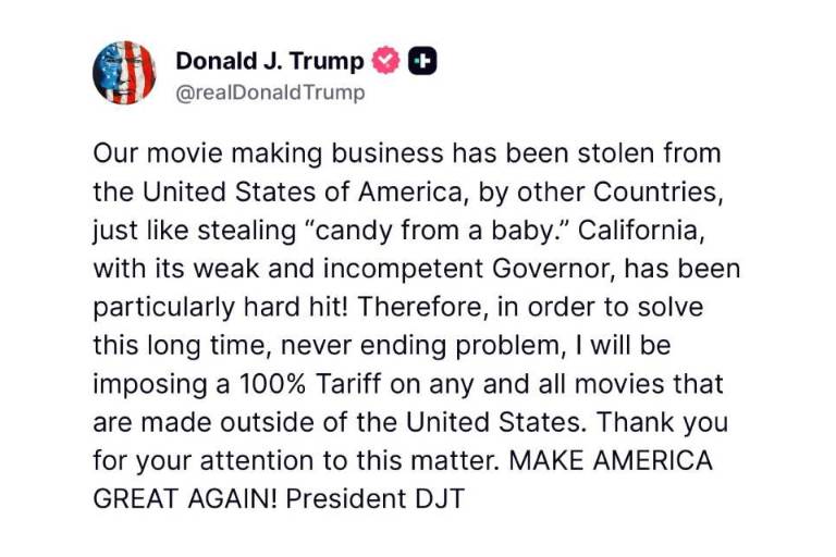 Trump anuncia aranceles del 100% a películas extranjeras