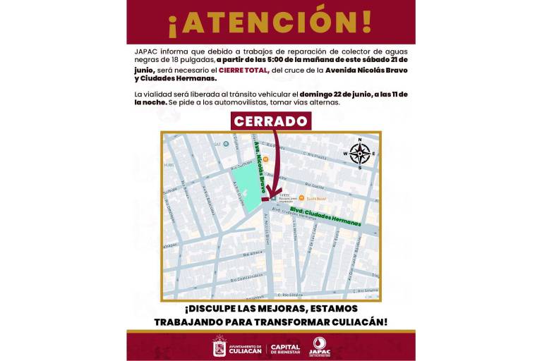 Anuncia Japac cierre total de la Nicolás Bravo por obras para este sábado