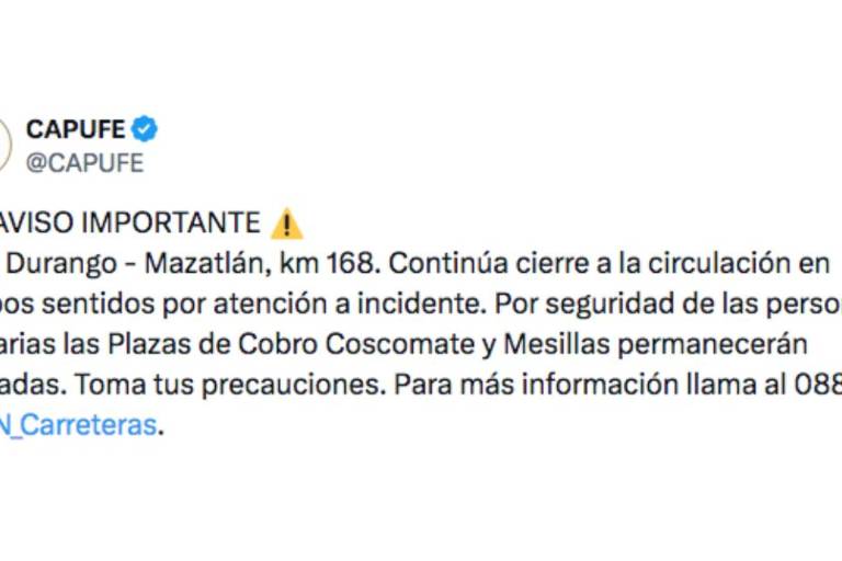 Cierran autopista Mazatlán-Durango por ‘incidente’