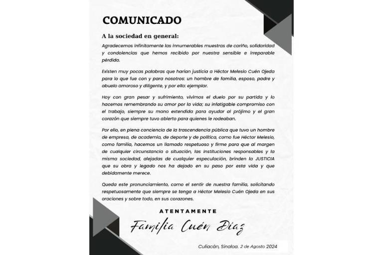 Familia Cuén Díaz exige justicia a una semana de atentado contra Melesio Cuén Ojeda