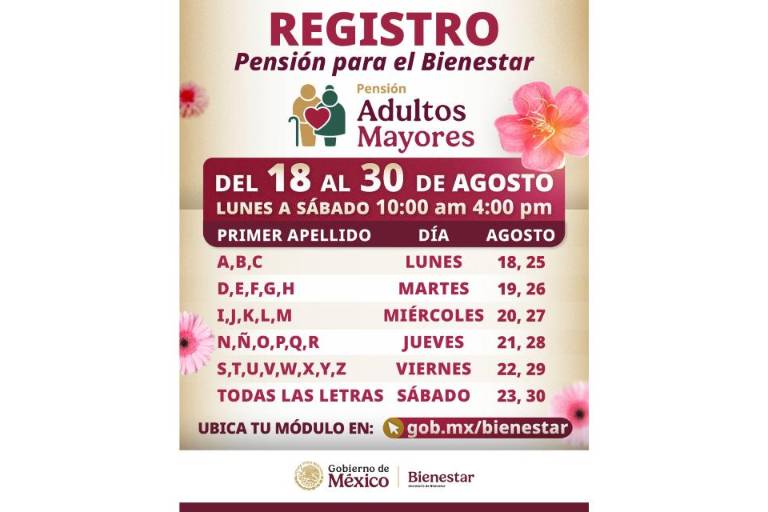 Este es el calendario de registro para la Pensión del Bienestar para Adultos Mayores de agosto 2025