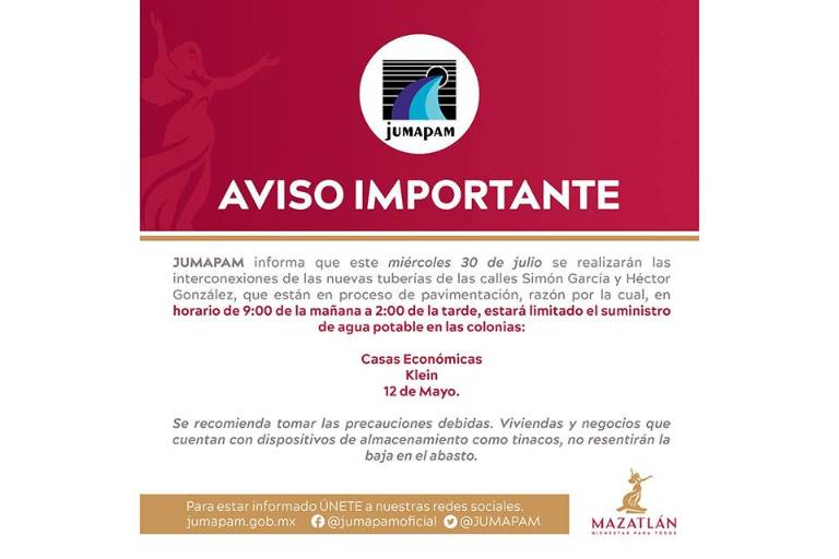 Vecinos de Flores Magón, Casas Económicas, Klein y 12 de Mayo volverán a ver afectado su suministro de agua este miércoles