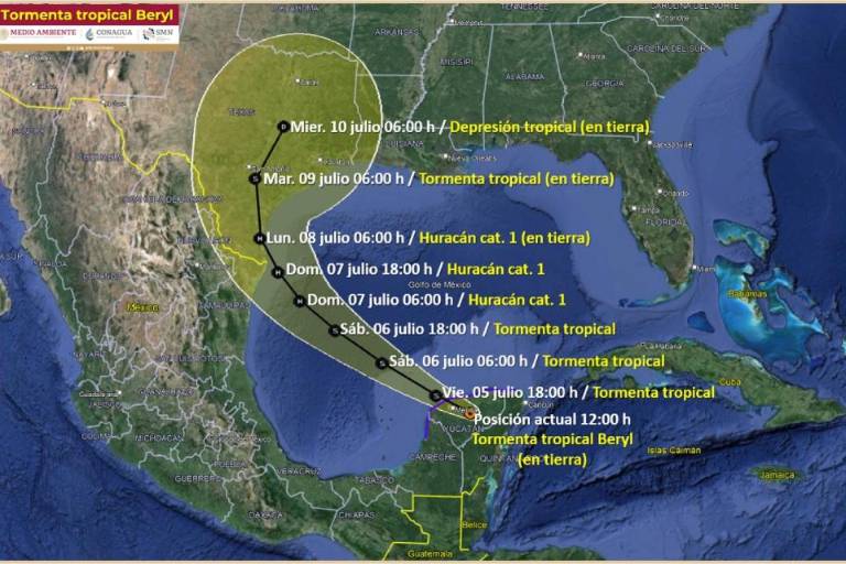 Beryl se degrada a tormenta tropical; prevén lluvias torrenciales en Yucatán, Quintana Roo y Campeche