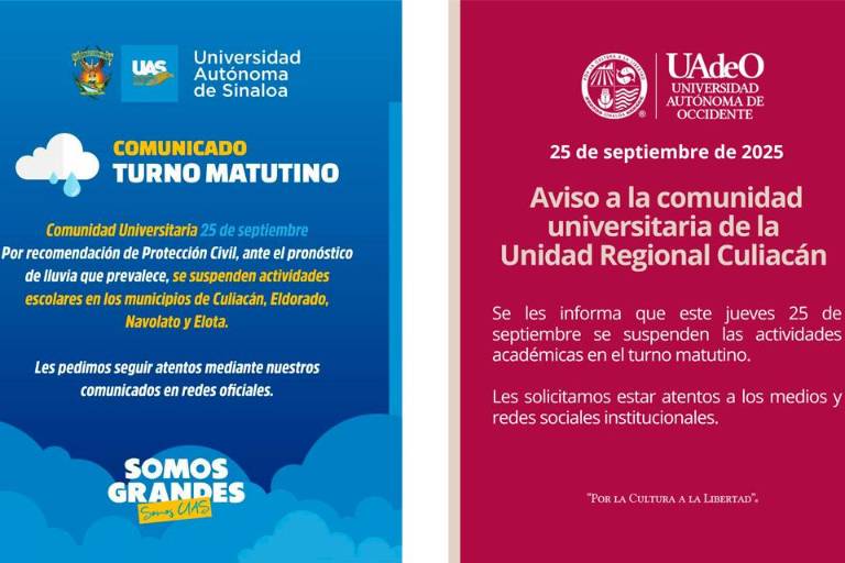 También por las lluvias suspenden clases UAS y UAdeO en Culiacán, Eldorado, Elota y Navolato