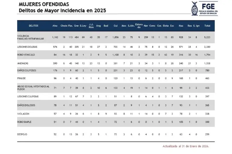 Relación de denuncias por violación a mujeres durante 2025.