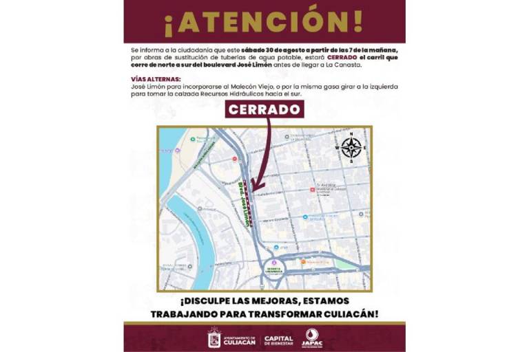 Por obra de Japac, estará cerrado bulevar José Limón, este sábado