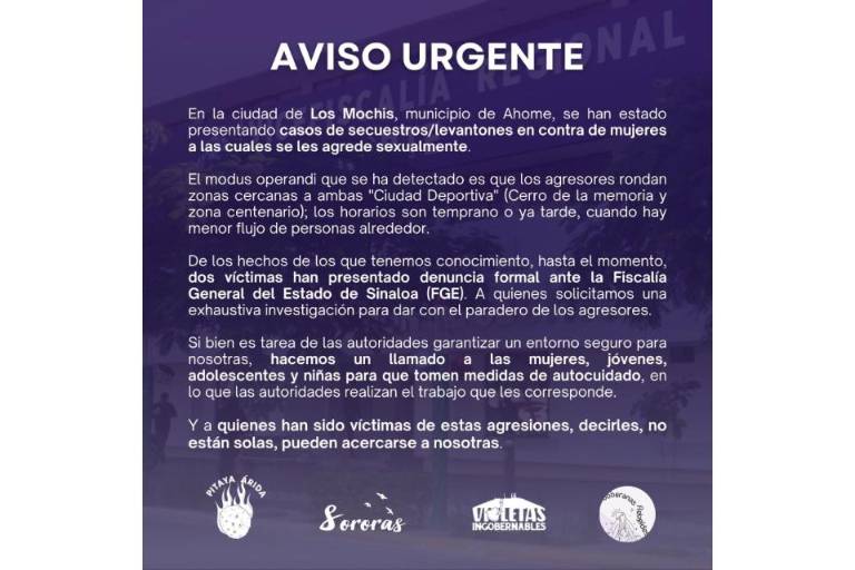 Lanzan colectivos feministas alerta en Los Mochis por secuestro y violación de mujeres