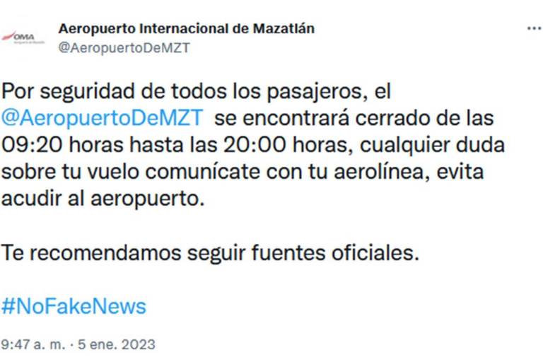 Cierran aeropuerto de Mazatlán debido a los hechos violentos