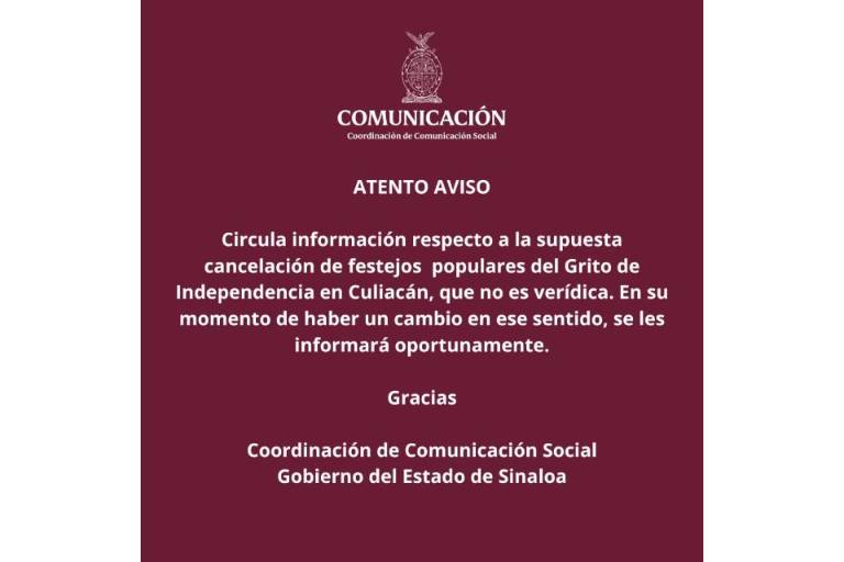 Gobierno de Sinaloa no ha suspendido celebración por el Día de Independencia