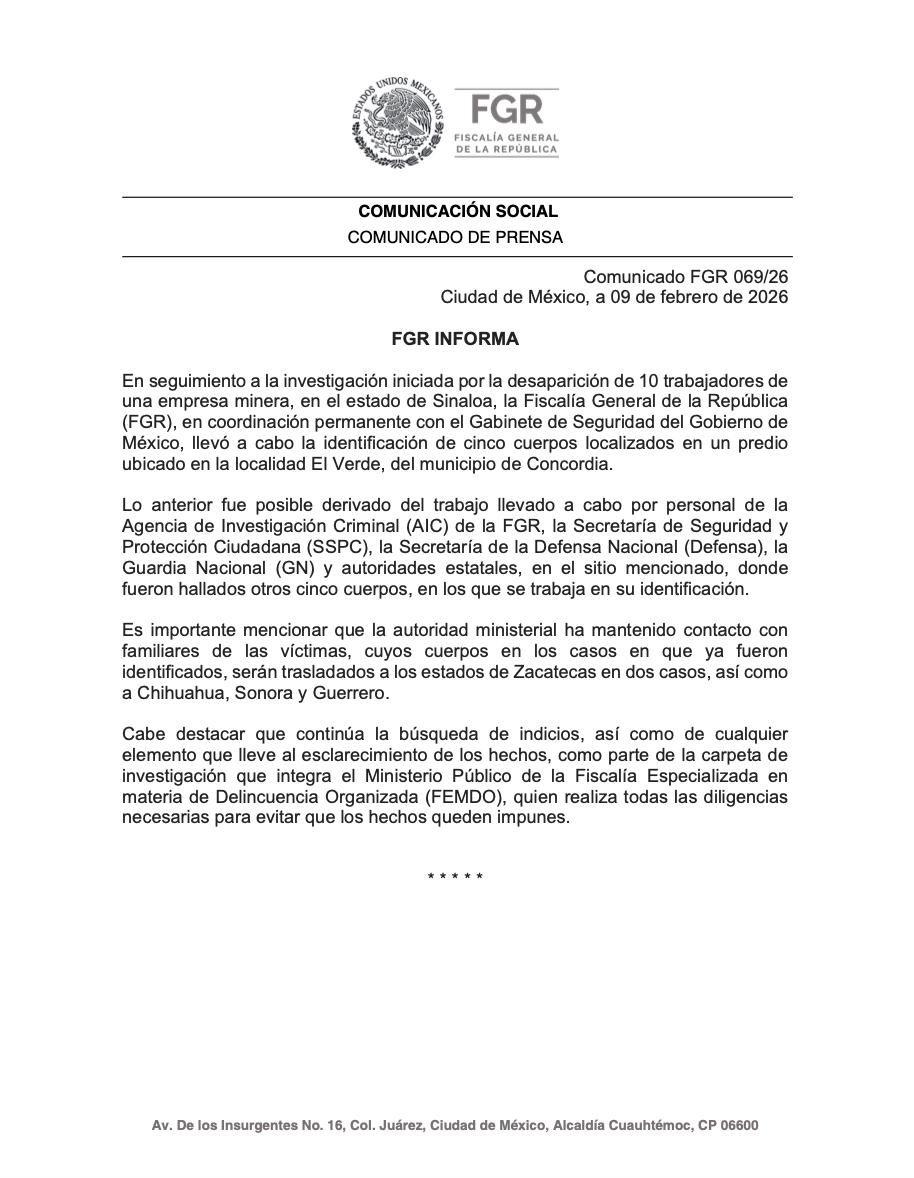 $!Confirma FGR identificación de diez cuerpos hallados en predio en la zona rural de Concordia; 5 son mineros