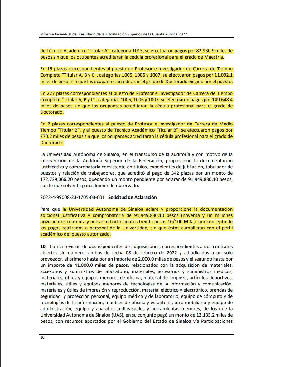 $!En 2022, UAS pagó $91 millones a personal sin el perfil requerido; Auditoría federal pide aclaración