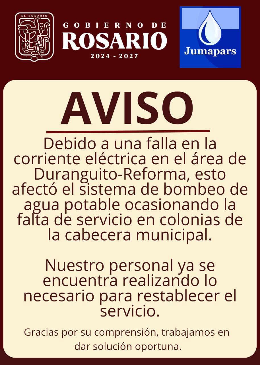 $!Falla eléctrica deja sin agua a El Rosario; Jumapars trabaja en restablecer el servicio