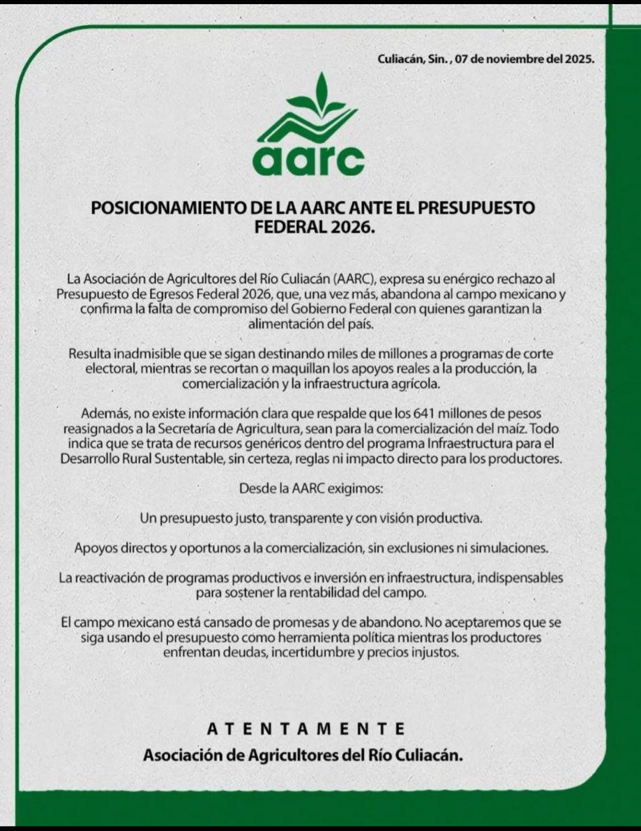 $!AARC rechaza presupuesto federal 2026 y acusa abandono al campo