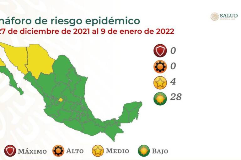 México iniciará 2022 con 28 estados en verde, Sinaloa entre ellos y 4 en amarillo en semáforo por Covid
