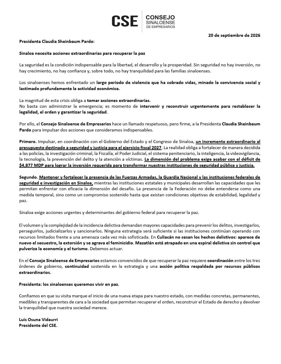 $!Empresarios piden a Sheinbaum recursos extraordinarios y mantener fuerzas federales en Sinaloa