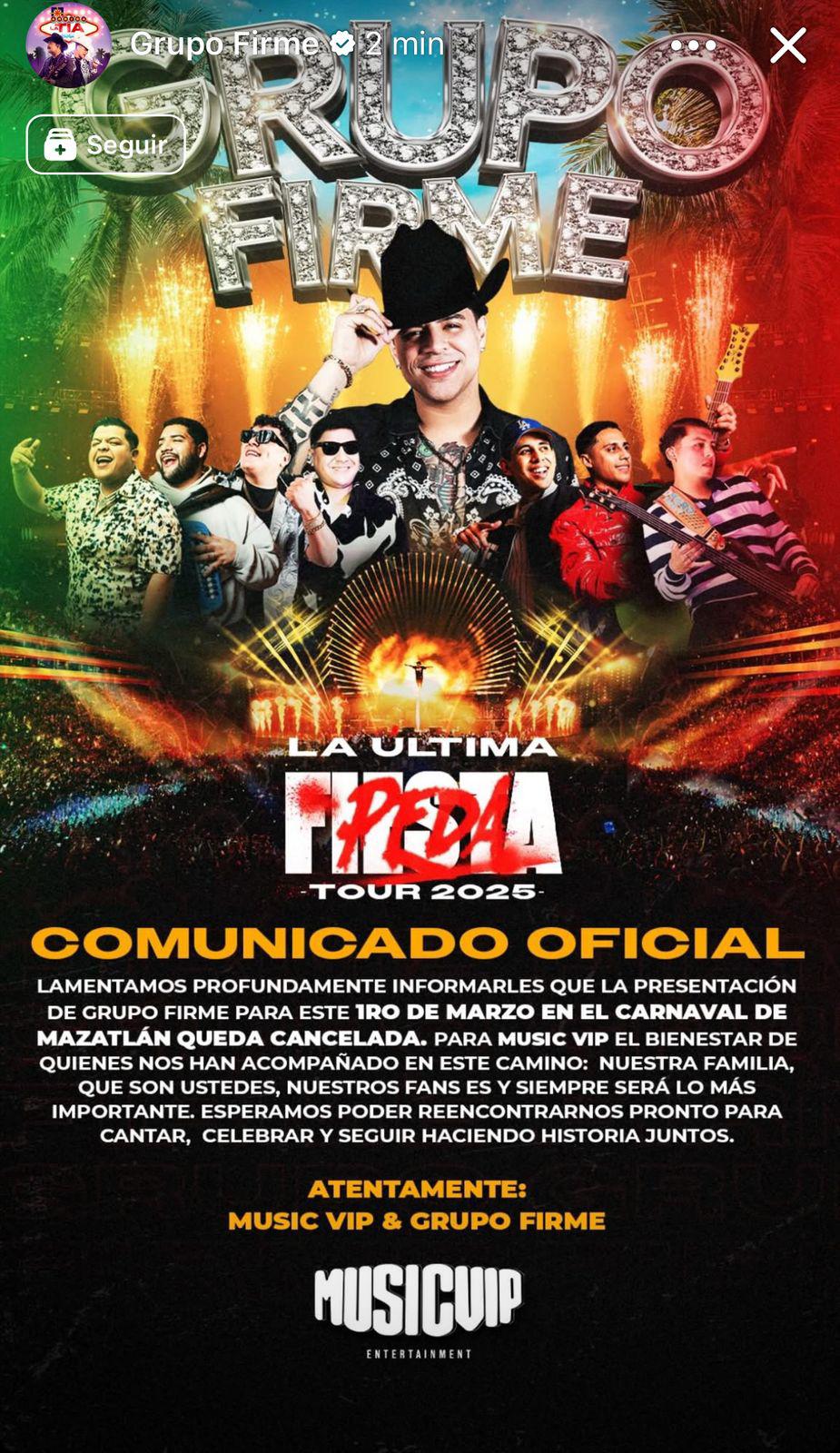 $!Cancela Grupo Firme también su actuación en el Carnaval de Mazatlán 2025