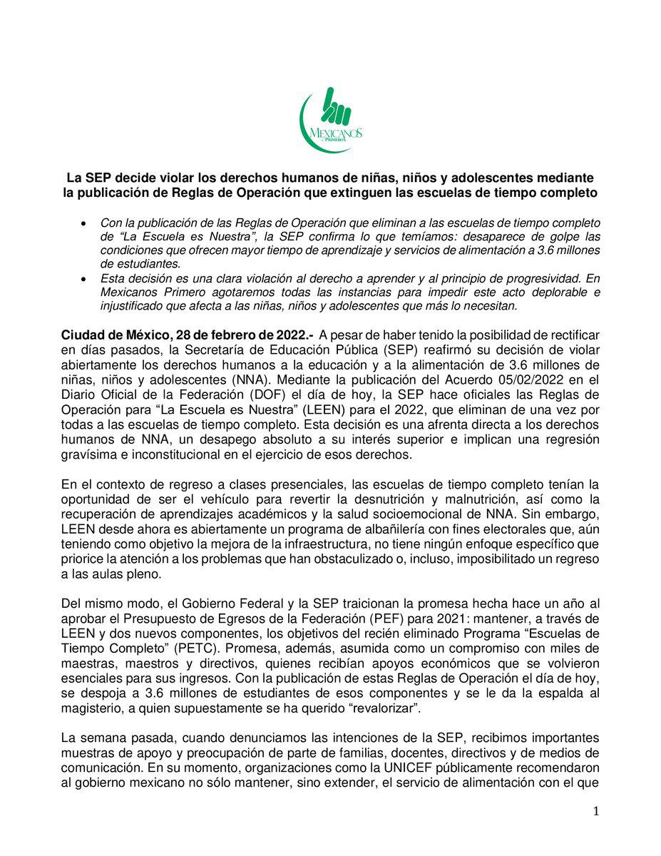 $!SEP elimina programa Escuelas de Tiempo Completo; se afecta a 3.6 millones de alumnos, acusa ONG