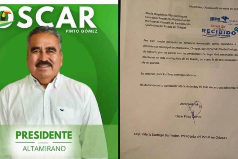 Renuncia a candidatura a alcalde por el PVEM, en Altamirano, Chiapas, por falta de seguridad