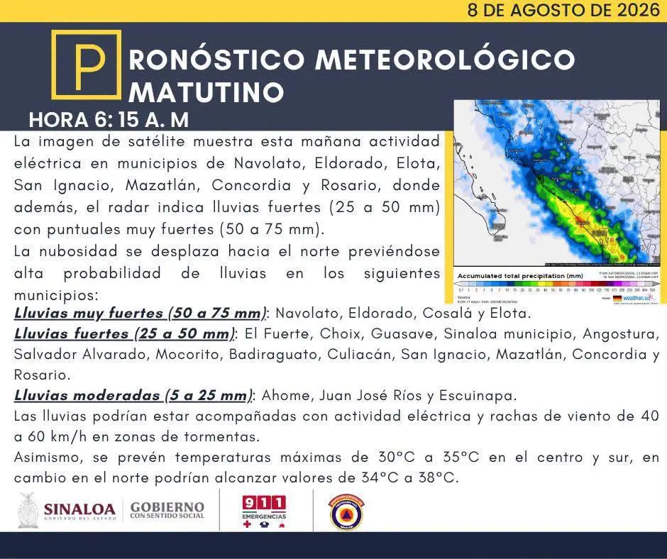 $!Prevén lluvias fuertes y actividad eléctrica en Sinaloa este sábado