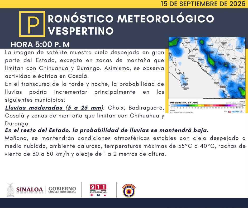 $!Prevén lluvias moderadas en cuatro municipios de Sinaloa la tarde y noche de este martes