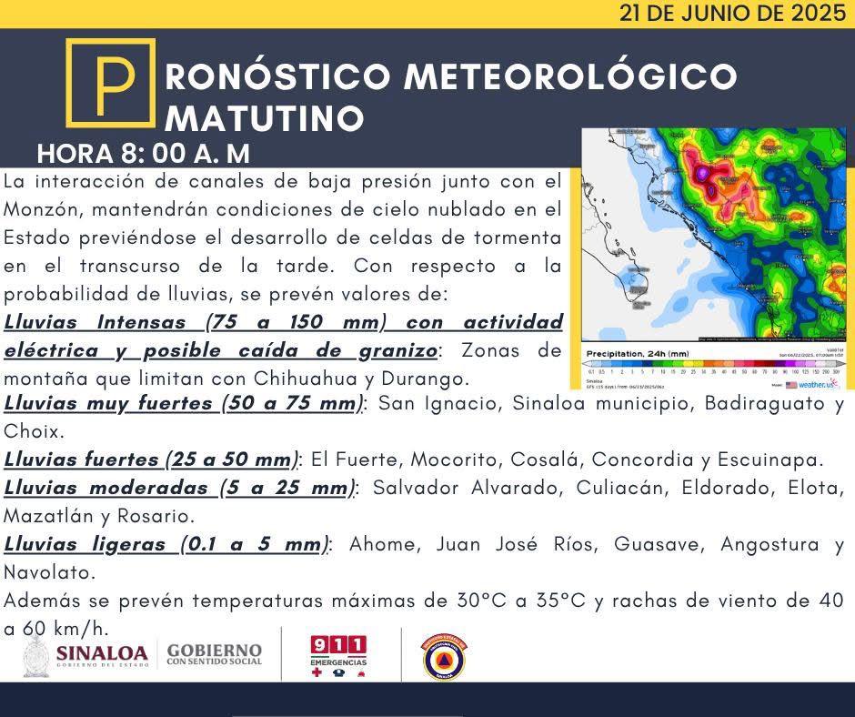 $!Prevén más lluvias intensas y altas temperaturas para Sinaloa este sábado