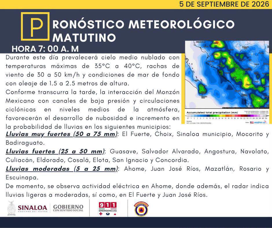 $!Continuarán lluvias en Sinaloa este sábado: PC