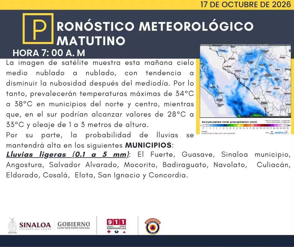 $!Prevén lluvias ligeras en 14 municipios de Sinaloa este sábado