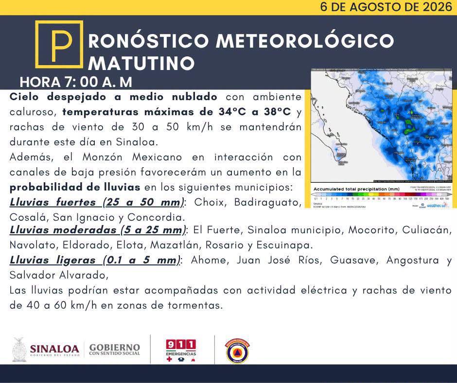 $!Prevén lluvias fuertes en zonas serranas de Sinaloa y temperaturas de hasta 38 grados este jueves