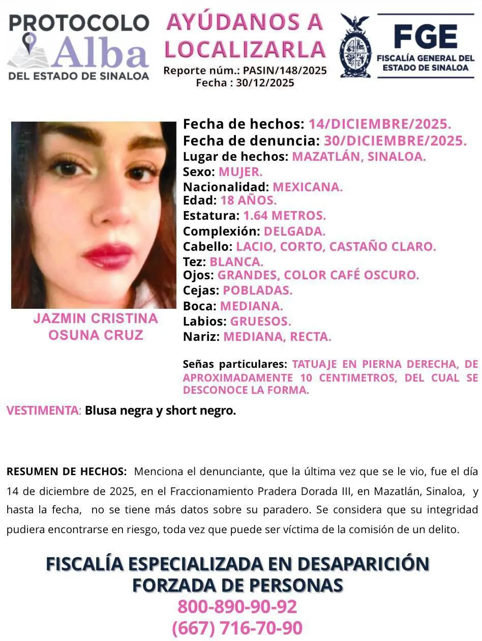 $!Jazmín Cristina desapareció hace 16 días en Mazatlán; activan ficha de búsqueda